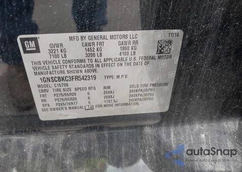 2015 Chevrolet Tahoe Lt z USA, uszkodzony, nr VIN 1GNSCBKC3FR542319